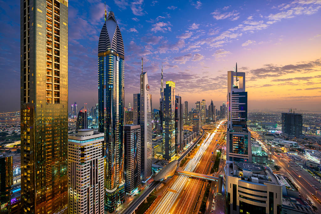 Sunset view of Dubai skyline showcasing iconic skyscrapers