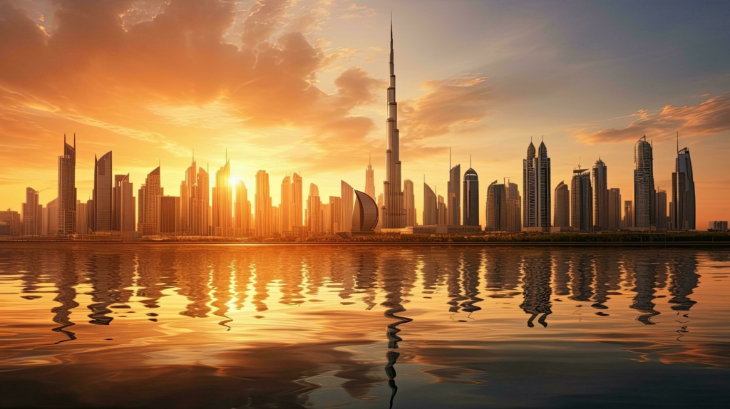 Stunning sunset over Dubai's skyline showcasing iconic skyscrapers.