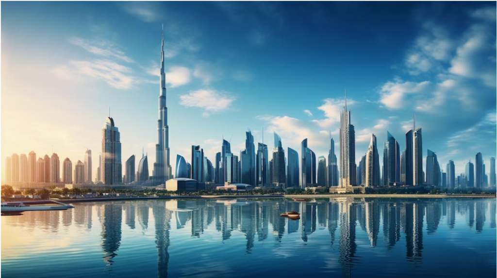 Panoramic view of Dubai's skyline showcasing iconic real estate developments under a clear blue sky