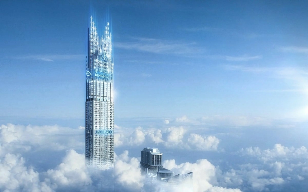 Aerial panorama of Dubai skyline with luxury developments