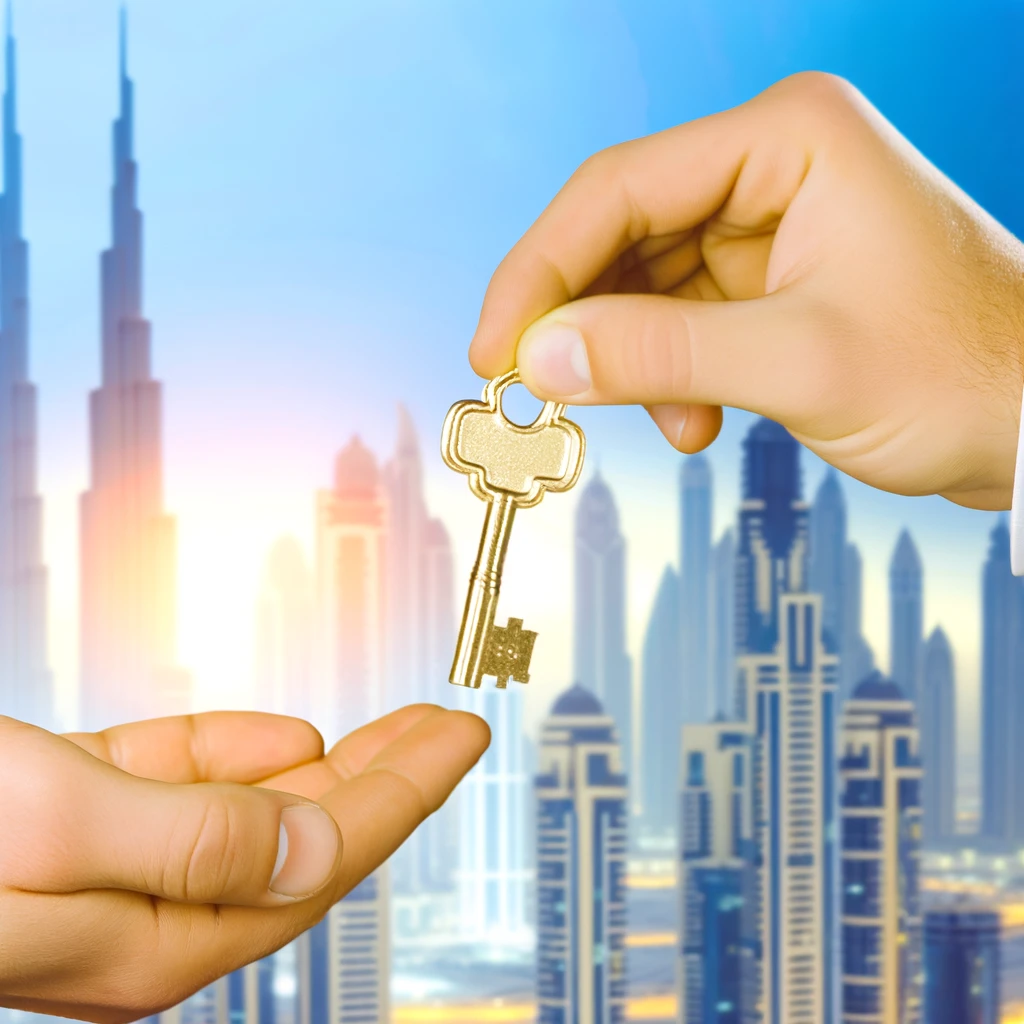 Hands exchanging a golden key with Dubai's skyline in the background