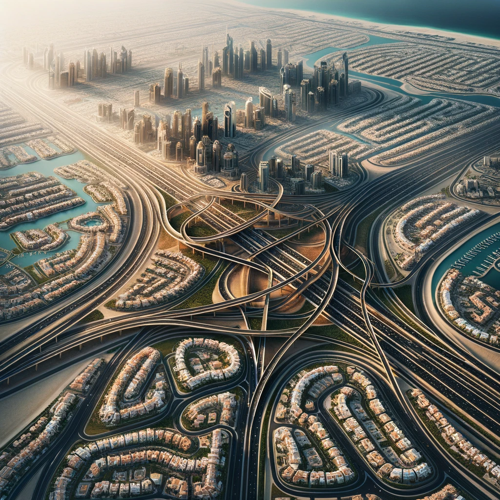 Futuristic skyline of Dubai showcasing advanced road connectivity and green spaces