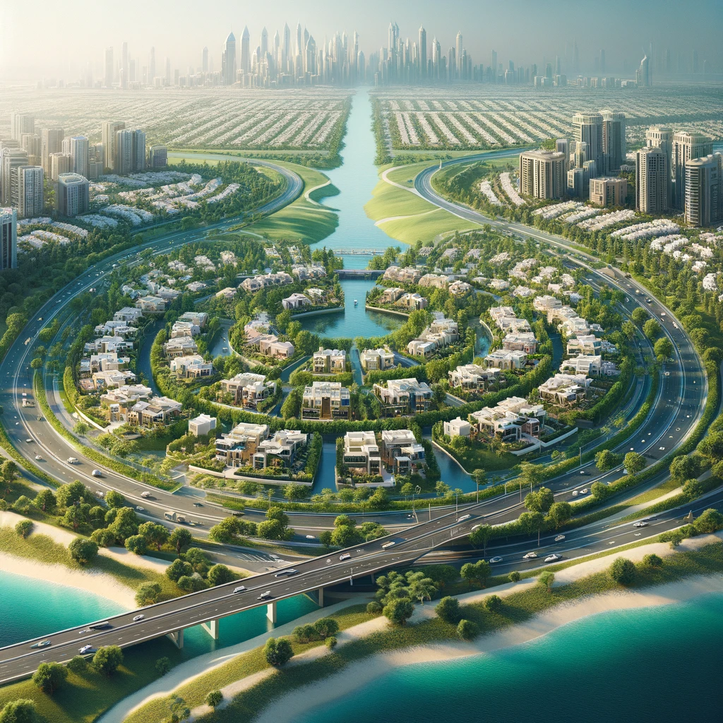 Conceptual image of a residential community in Dubai with lush green spaces and modern homes.