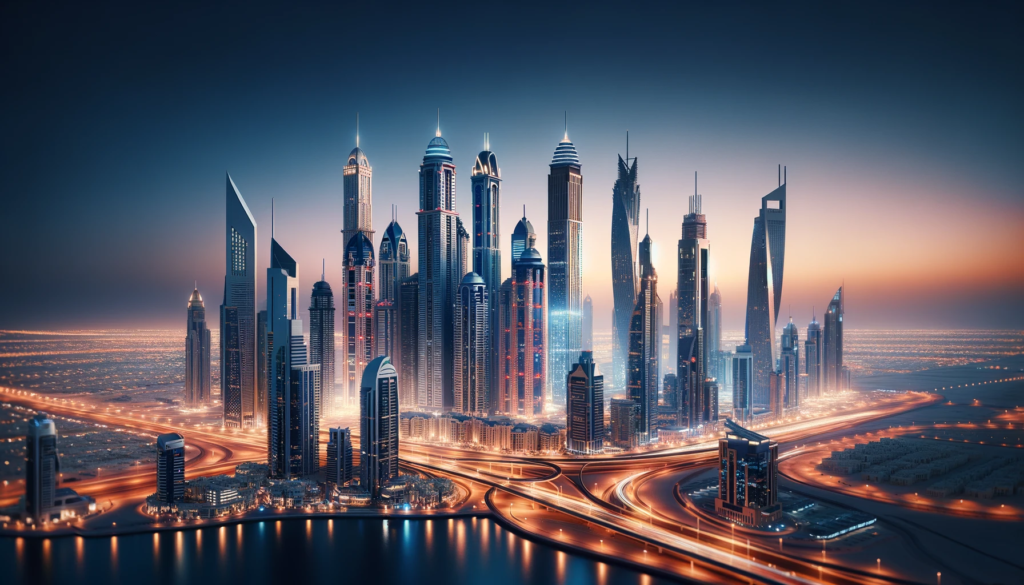 Futuristic skyline of Dubai with illuminated skyscrapers at twilight.