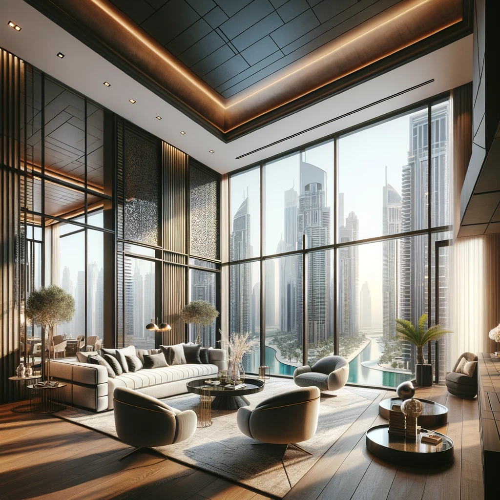 Elegant apartment interior in Downtown Dubai with panoramic city views.
