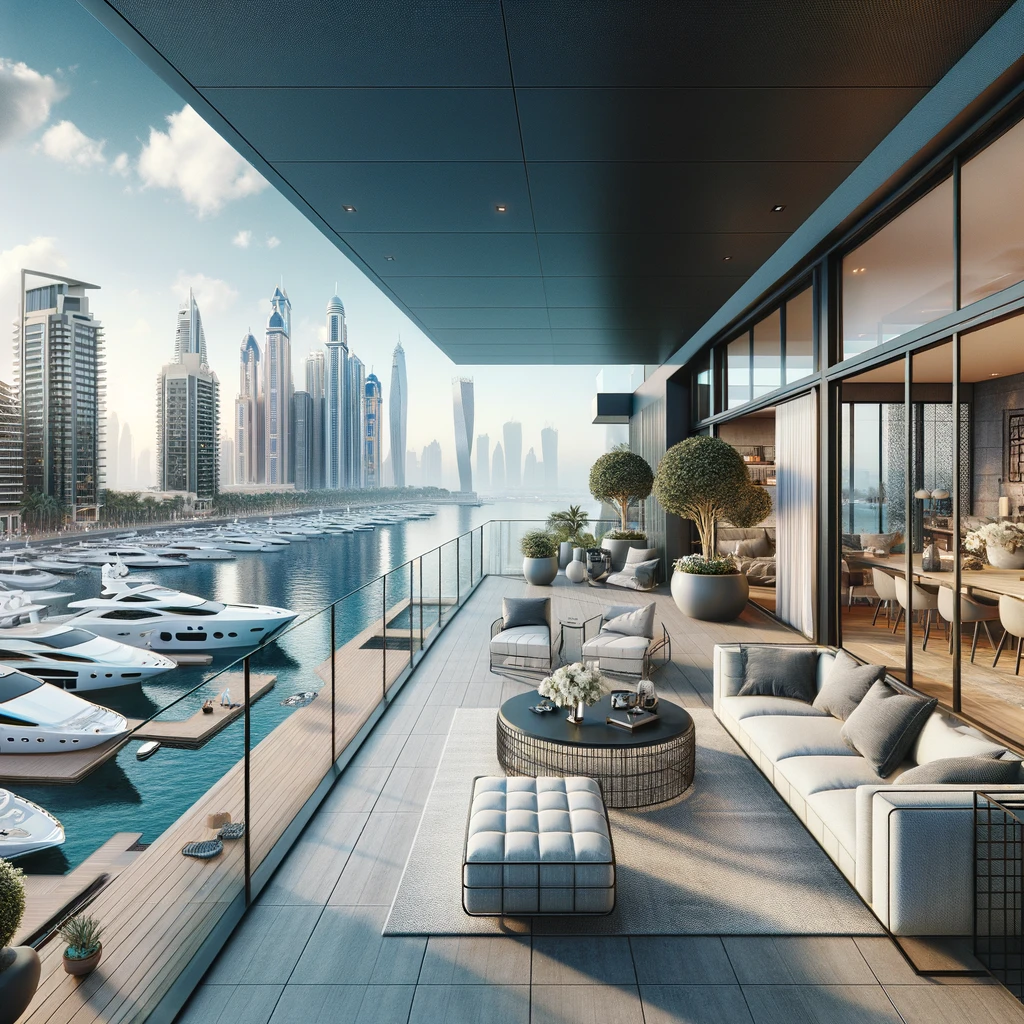 Modern penthouse in Dubai Marina with a private pool and marina views.