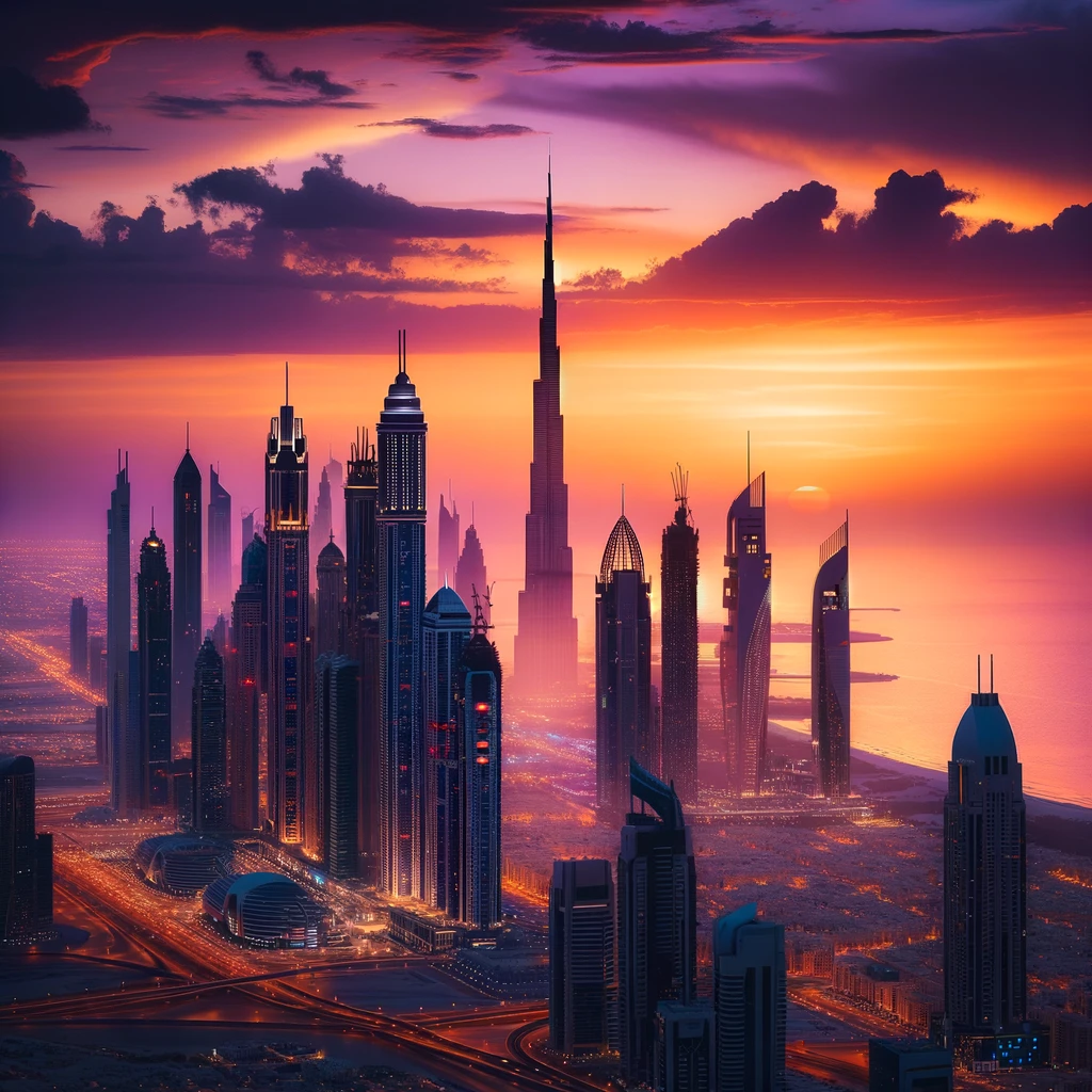 real estate leasing: Dubai's skyline at sunset with the Burj Khalifa and orange-purple hues.