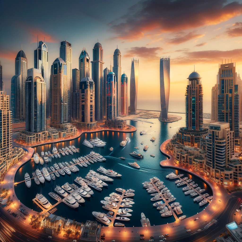 Sunset View of Dubai Marina's Skyline and Luxury Yachts