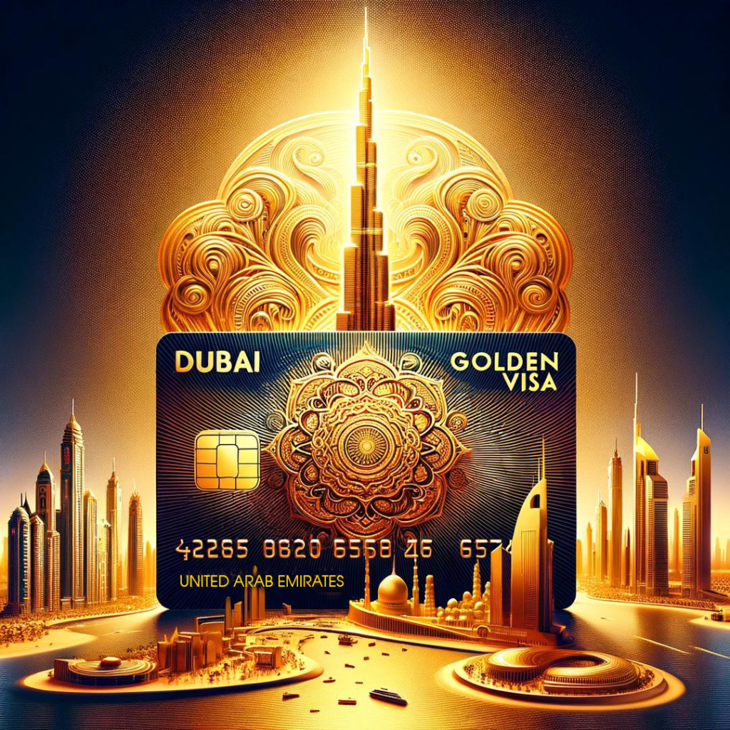 A golden visa card featuring the Dubai skyline, including the Burj Khalifa, with the words "Dubai Golden Visa" in bold script.