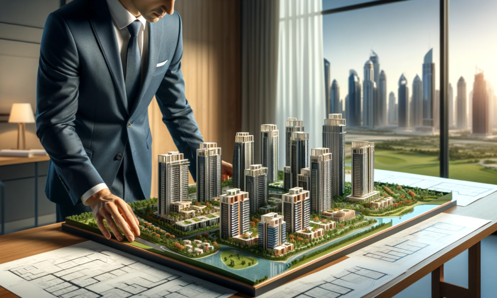 Investors examining architectural models in Dubai