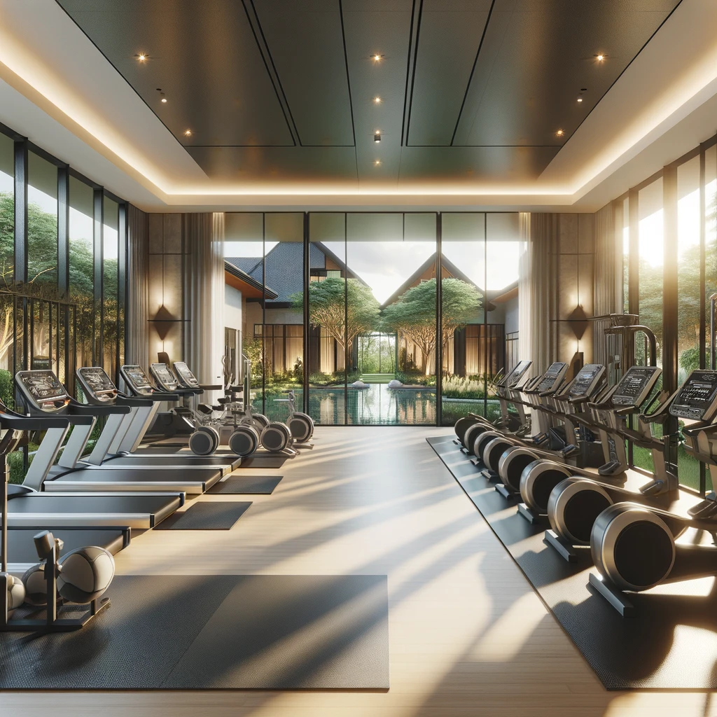 Modern fitness center in a gated villa community with state-of-the-art equipment and views of lush landscaping.