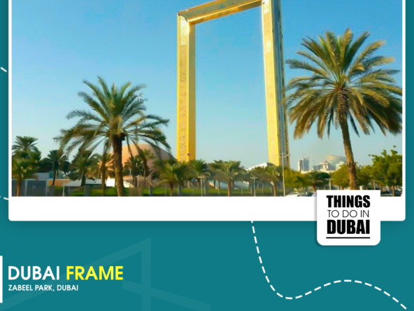 The Dubai Frame in Zabeel Park with palm trees in the foreground and the modern city skyline in the background.
