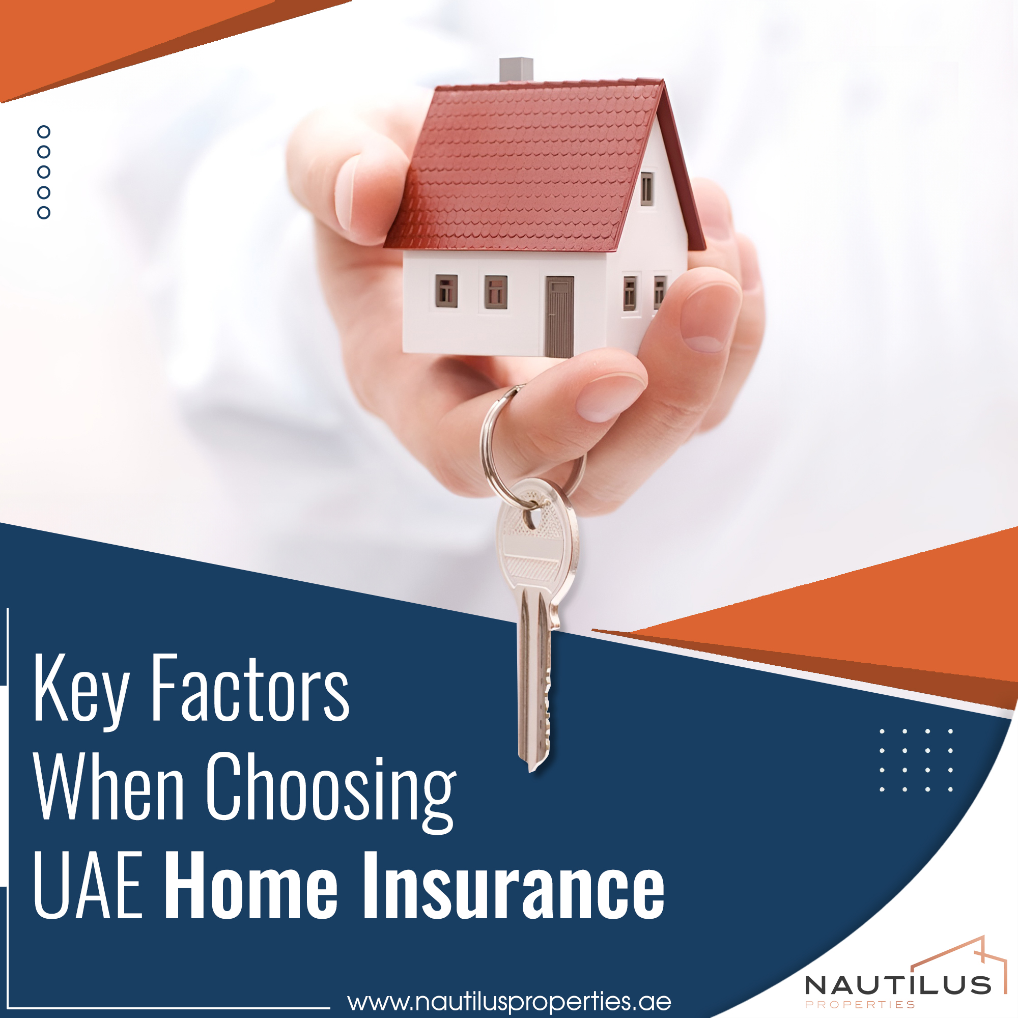 A hand holding a model house and key, representing key factors when choosing UAE home insurance.