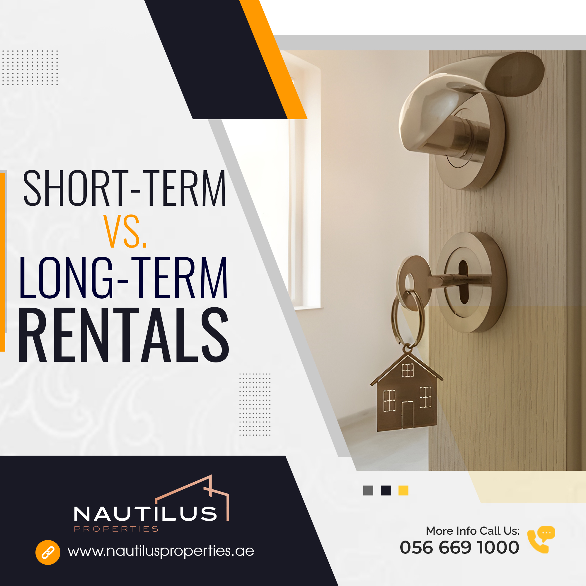 Graphic comparing short-term vs. long-term rentals with a door key in focus, symbolizing the entry to new living options.