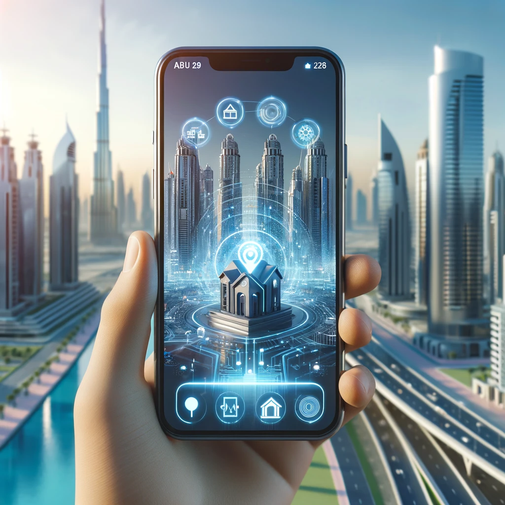 AI-powered real estate app interface on a smartphone with Dubai cityscape.