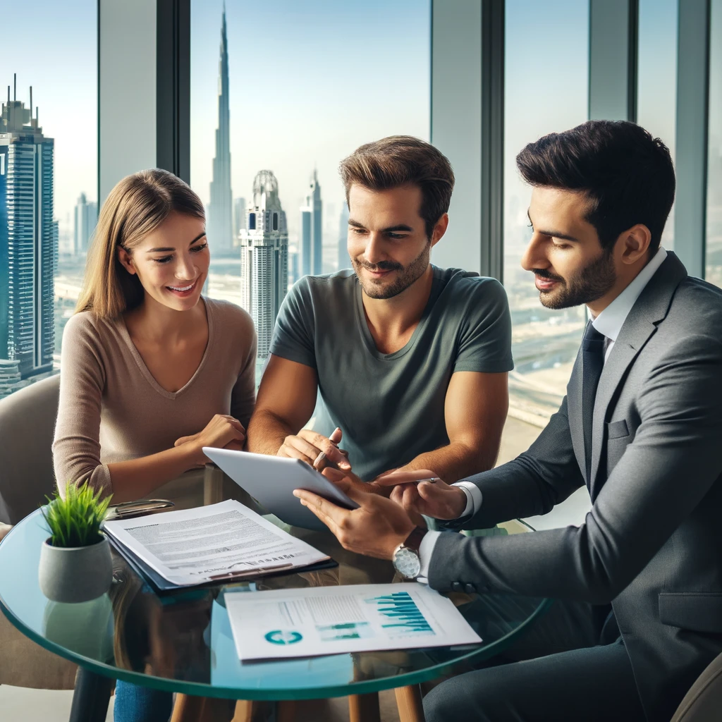 Couple discussing mortgage options with a mortgage advisor in a modern Dubai office.