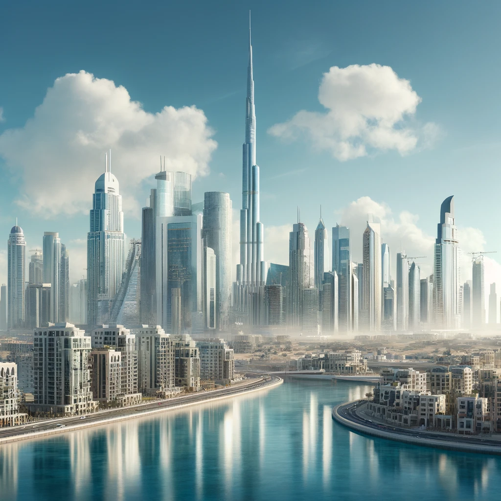 Modern Dubai skyline with iconic buildings and new residential developments on a clear, bright day.
