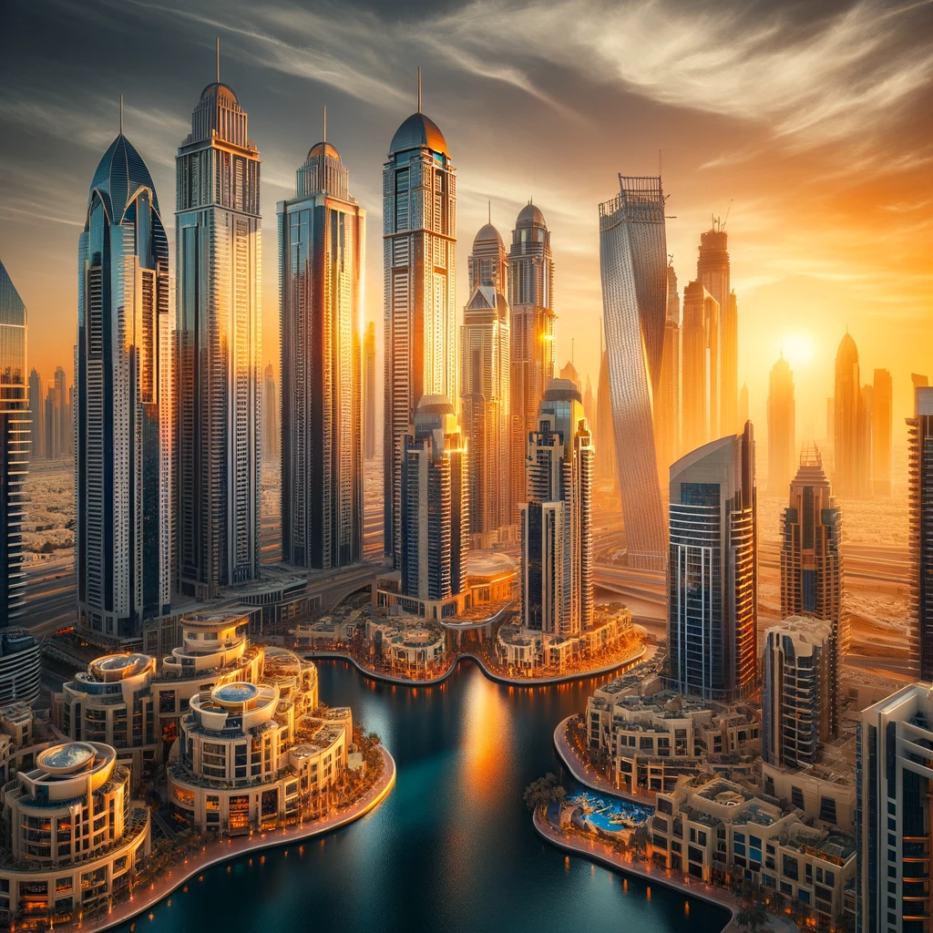 Luxurious skyline of Dubai with skyscrapers illuminated by sunset.