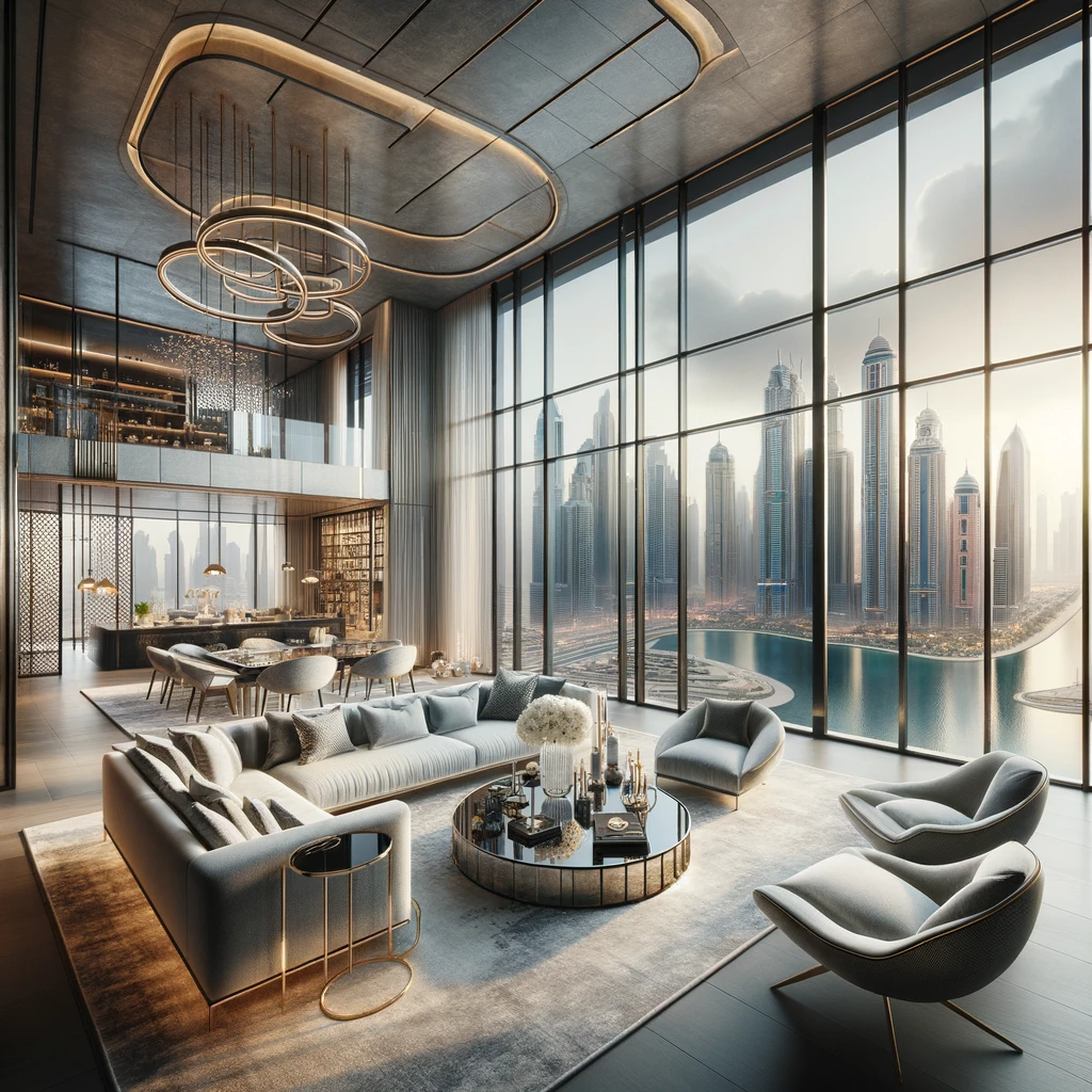 Elegant interior of a Dubai luxury penthouse with city views.
