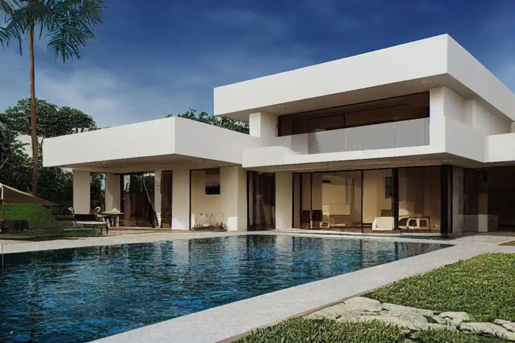 Elegant villa in Dubai with a modern design, large swimming pool, and lush garden.