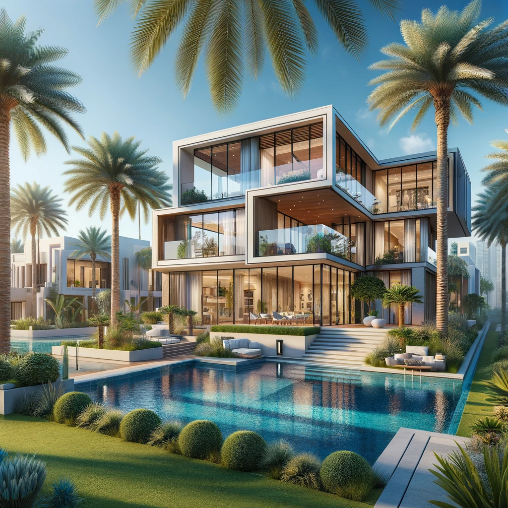 Luxurious modern villa in Dubai with palm trees and a swimming pool
