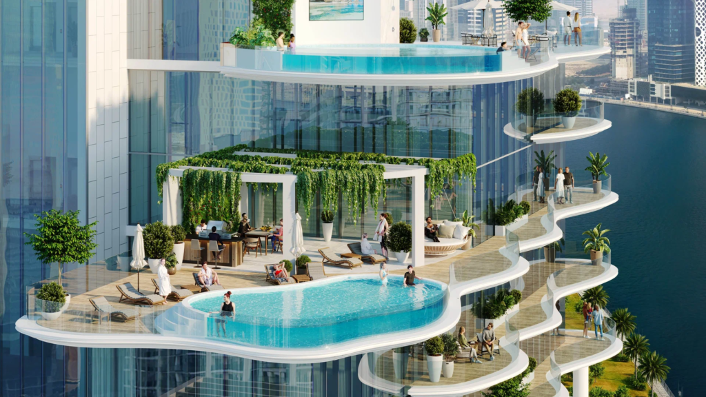 Luxurious high-rise apartment building in Dubai with modern design.
