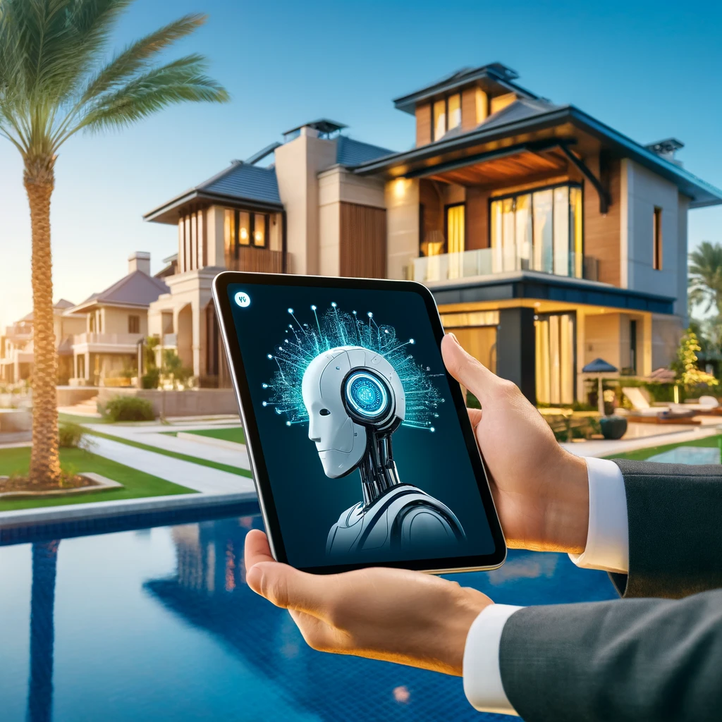 Real estate agent using an AI-powered app on a tablet with a luxury villa in the background.