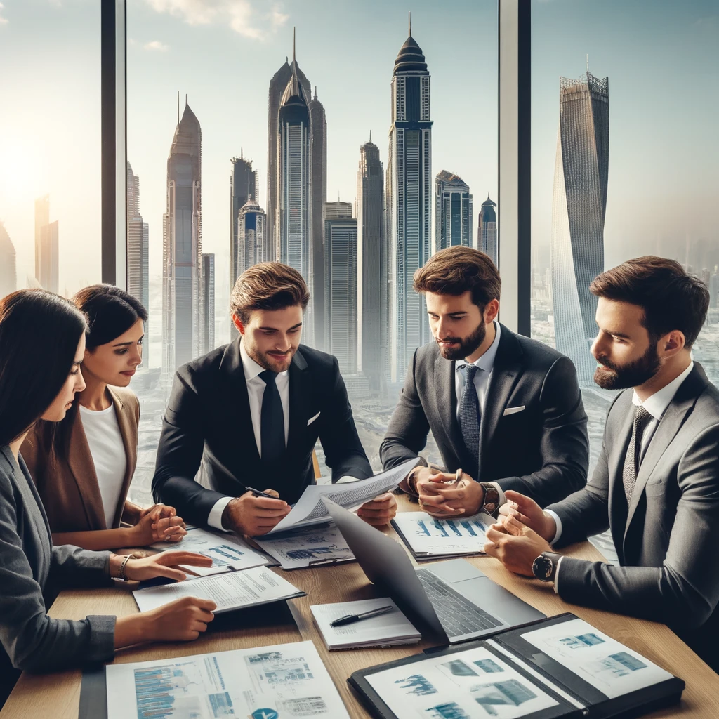Real estate agents meeting with clients in a modern Dubai office, discussing new regulations with documents and a laptop.
