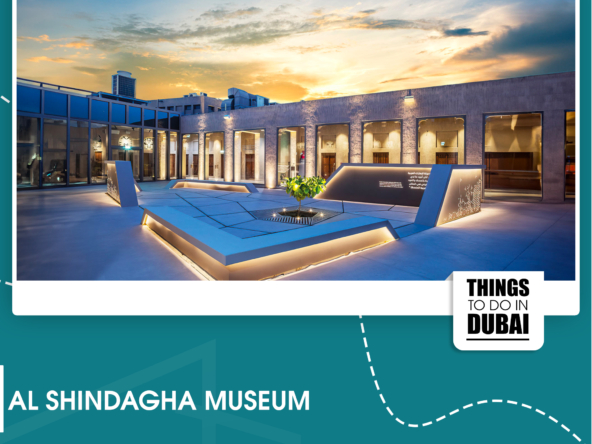 Modern exterior view of Al Shindagha Museum during sunset.