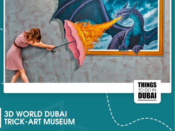 A woman using an umbrella to shield herself from a dragon's fire illusion at the 3D World Dubai Trick-Art Museum.