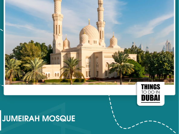 Promotional image of Jumeirah Mosque in Dubai surrounded by lush greenery, under a clear blue sky.