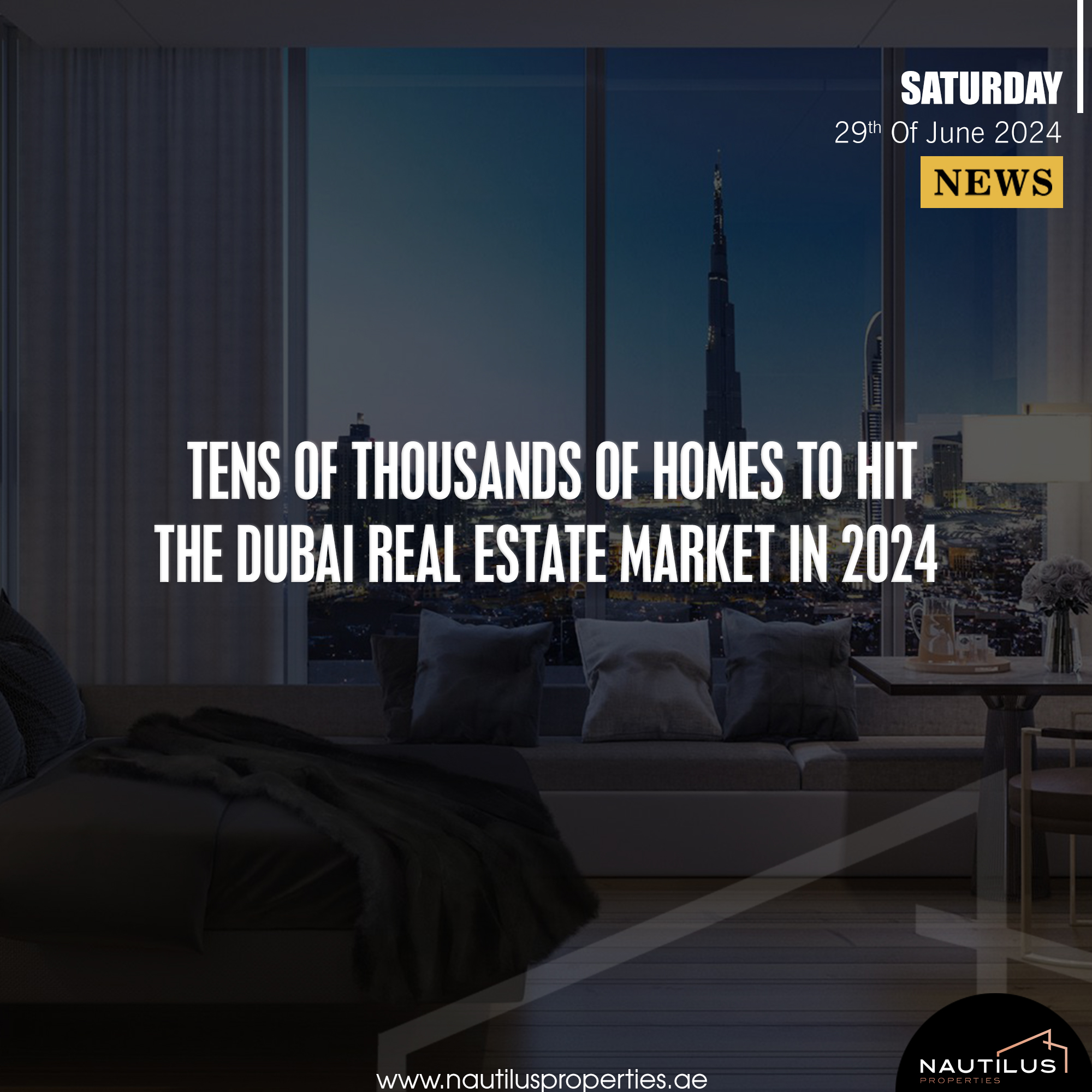 News graphic of Dubai's 2024 real estate outlook with a luxurious apartment interior and city skyline view.
