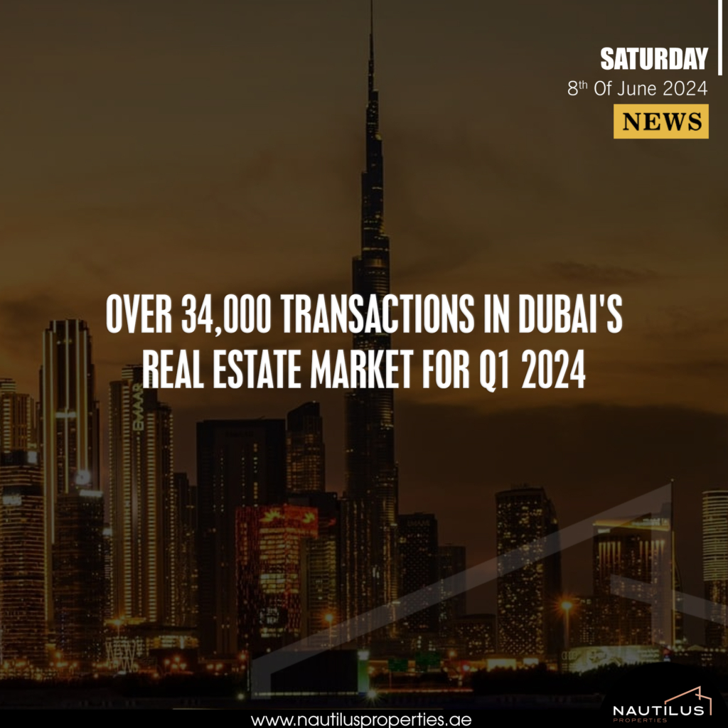 Dubai skyline with a headline about over 34,000 real estate transactions in Q1 2024.