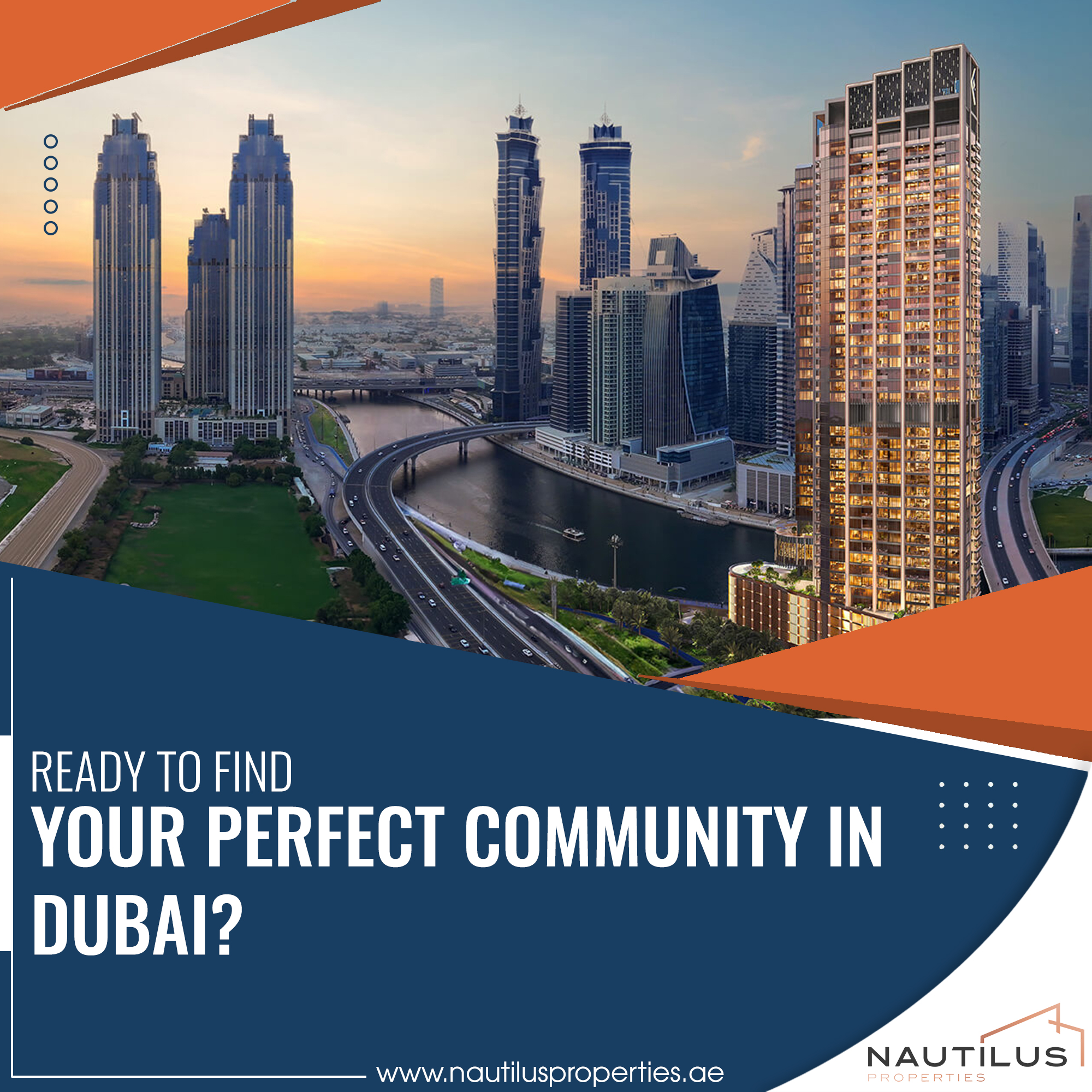 Modern skyline of a vibrant community in Dubai with high-rise buildings and urban infrastructure.