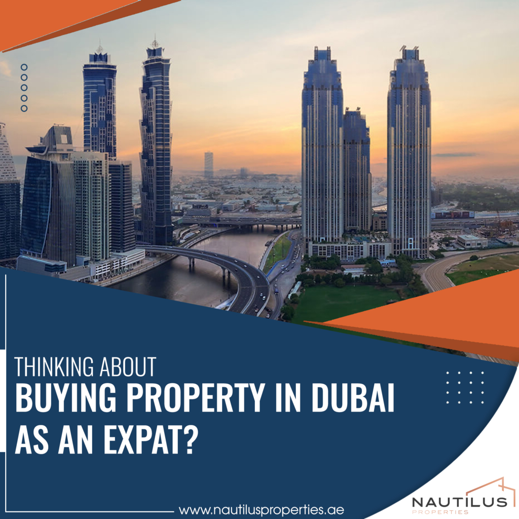 Dubai skyline with high-rise buildings and a sunset, promoting property buying for expats.