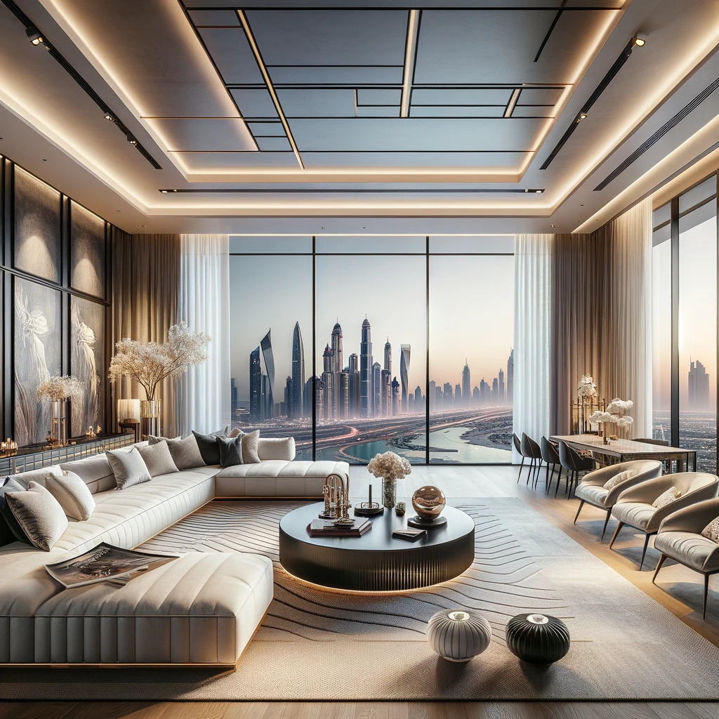Luxurious living room in a branded residence in Dubai with modern decor and a view of the city skyline.