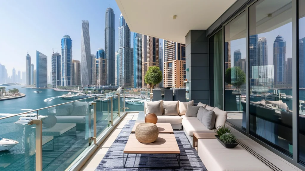 A luxurious waterfront property in Dubai Marina with modern architecture and a beautiful view of the marina.