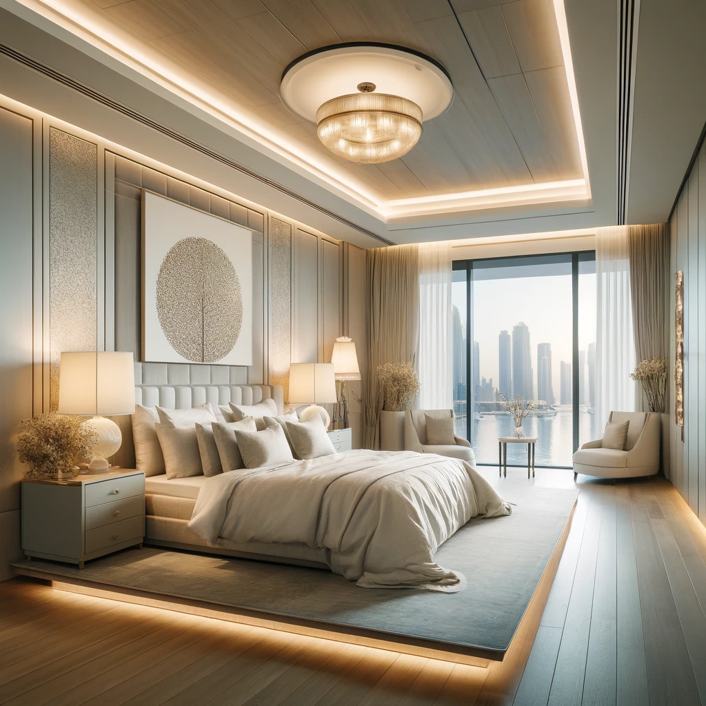 Luxurious bedroom in a branded residence in Dubai with views of the Marina.