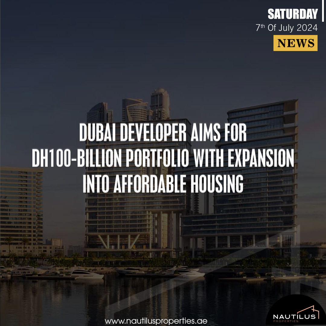 Skyline view of Dubai with a news headline about a developer aiming for a Dh100-billion portfolio and expansion into affordable housing.